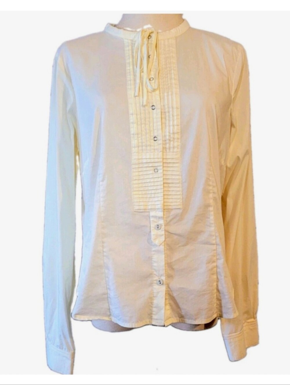 BCBGeneration Shirt Womens Size 10 Cream Pintuck Tuxedo-Style Blouse Victorian
